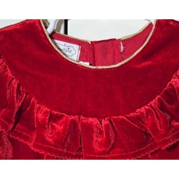 Mud Pie RED VELVET DRESS Valentine's heart Party ruffle gold 12-18m NWT - Picture 2 of 5